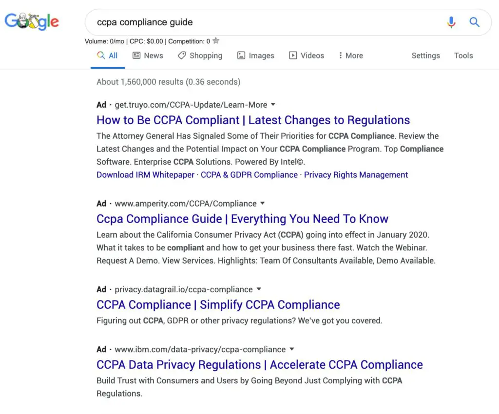 SERP encombré avec trop de publicités en haut : Ces SERPS ne sont pas idéaux pour obtenir des Google Featured Snippets