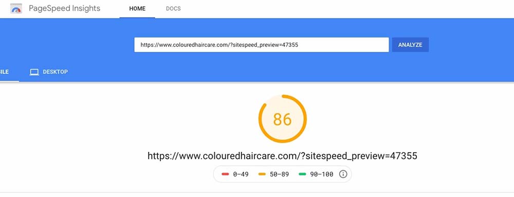 score de 86 sur pagespeed insights mobile de google