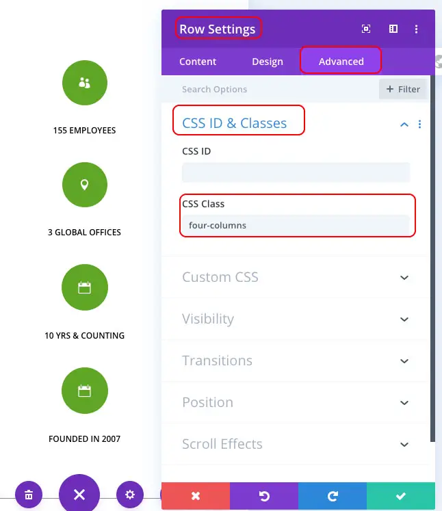 Four Columns custom add CSS class