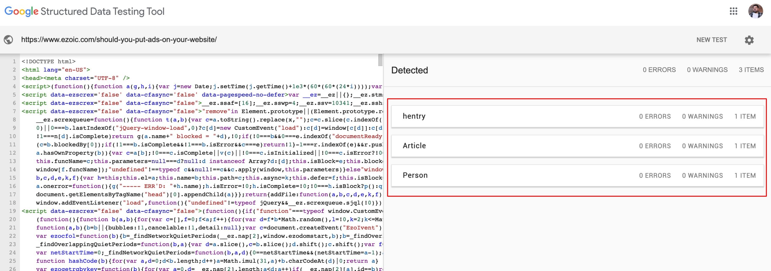 Google Structured data tool example