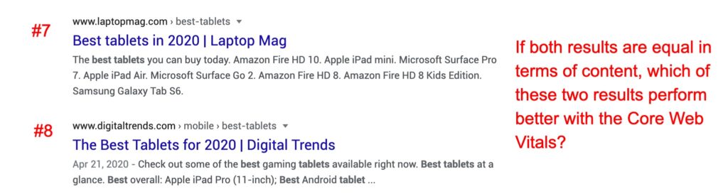 Tiebreaker between results #7 &amp ; #8. Il s'agit probablement d'un scénario futur dans lequel Google utilisera le Core Web Vitals