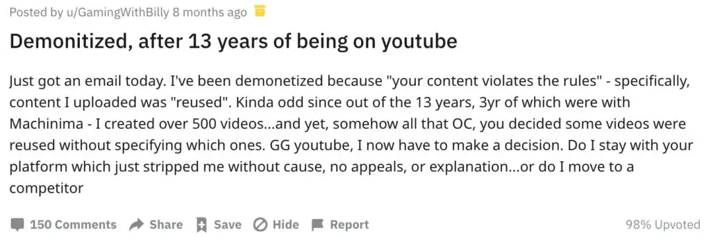 Une des raisons d'héberger vos propres vidéos en dehors de YouTube est que YouTube peut vous démonétiser sans avertissement.