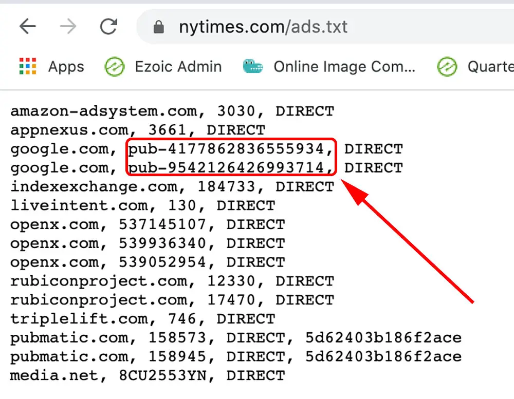Ads.txt example properly set up can help website ad earnings. This one is from the New York Times's file.