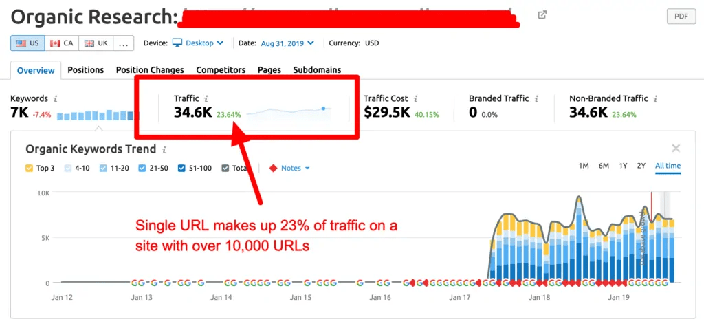 niche website url makes up majority of traffic on site