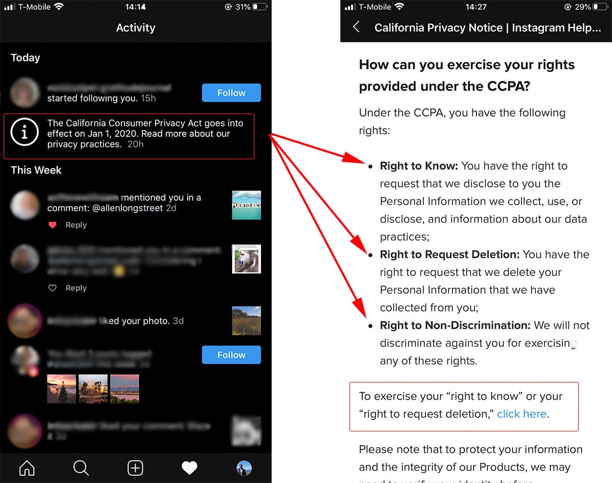 CCPA-Compliance-Beispiel aus Instagram