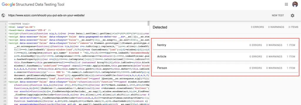 Google Structured data tool example