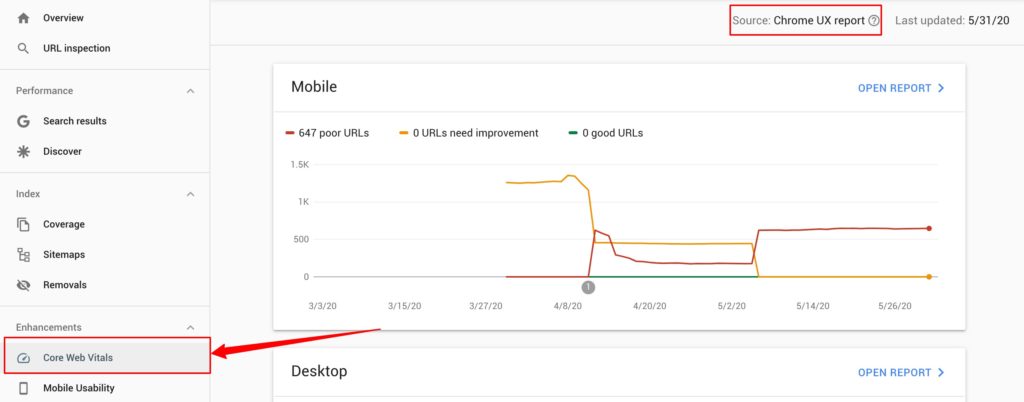 Search Console view: Core Web Vitals