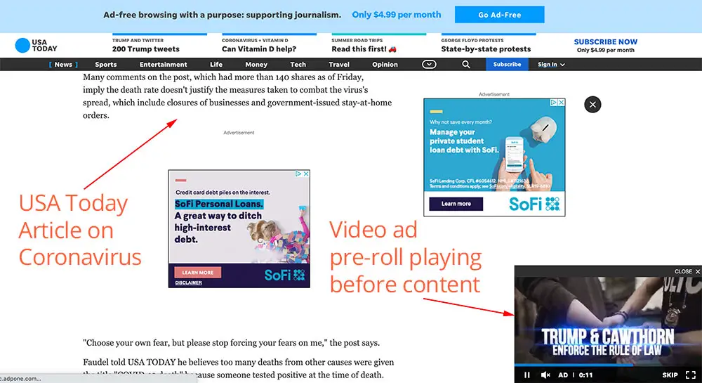 Video-Ad-Networks zeigen Video-Ad-Pre-Roll auf der Webseite von USA Today
