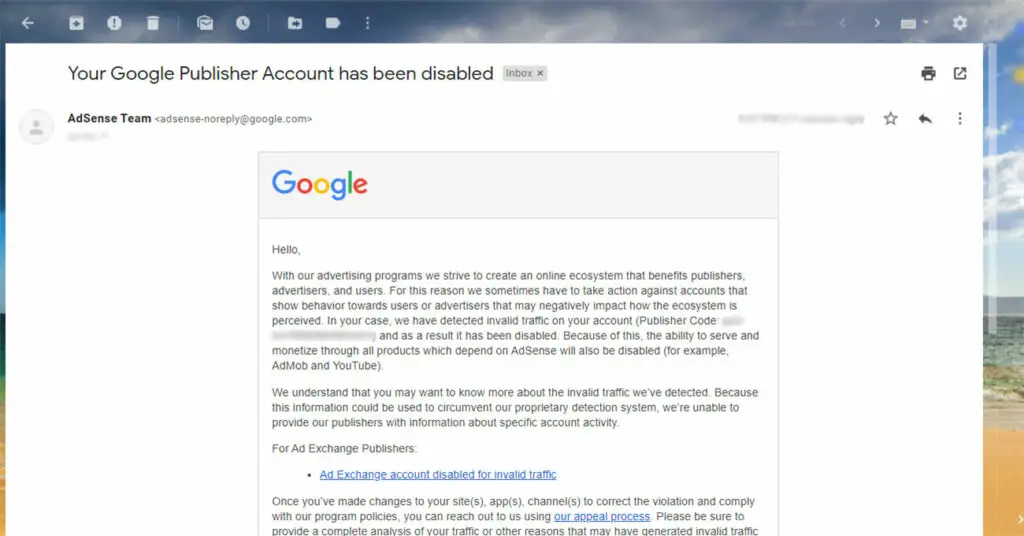 Disabled AdSense due to invalid traffic