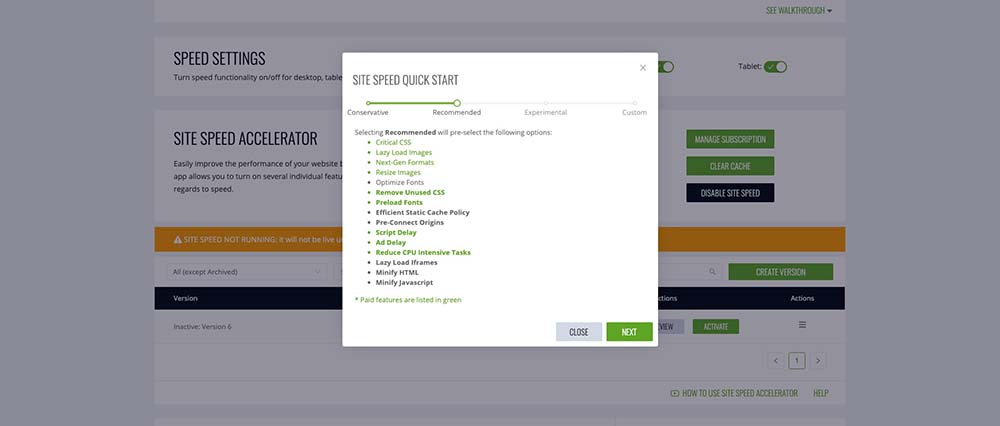 Empfohlene Einstellungen für Site Speed Accelerator verwenden