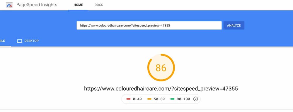 Google Pagespeed Insights Mobile Score von 86