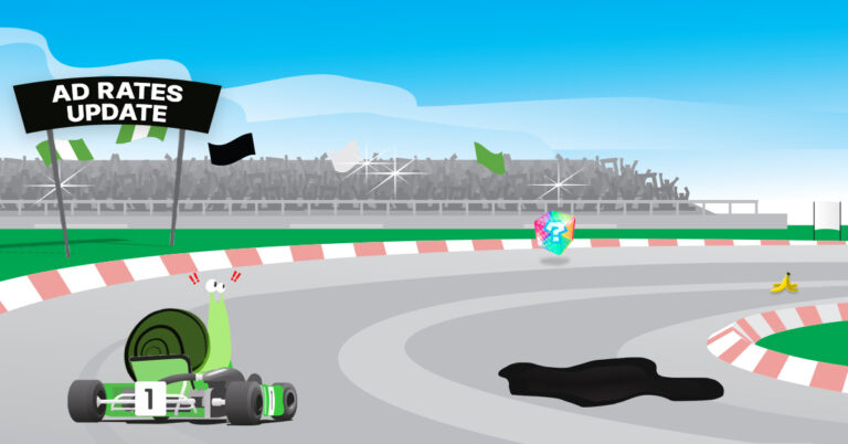 Ad Rates 2023 blog featured photo a snail riding a race car around a racetrack with pot holes and a banana peel much like Mario Kart
