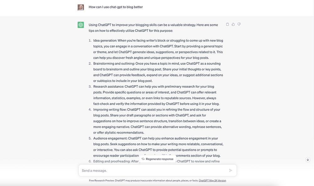 An example of ChatGPT answering a question of how to use chat-gpt to blog better