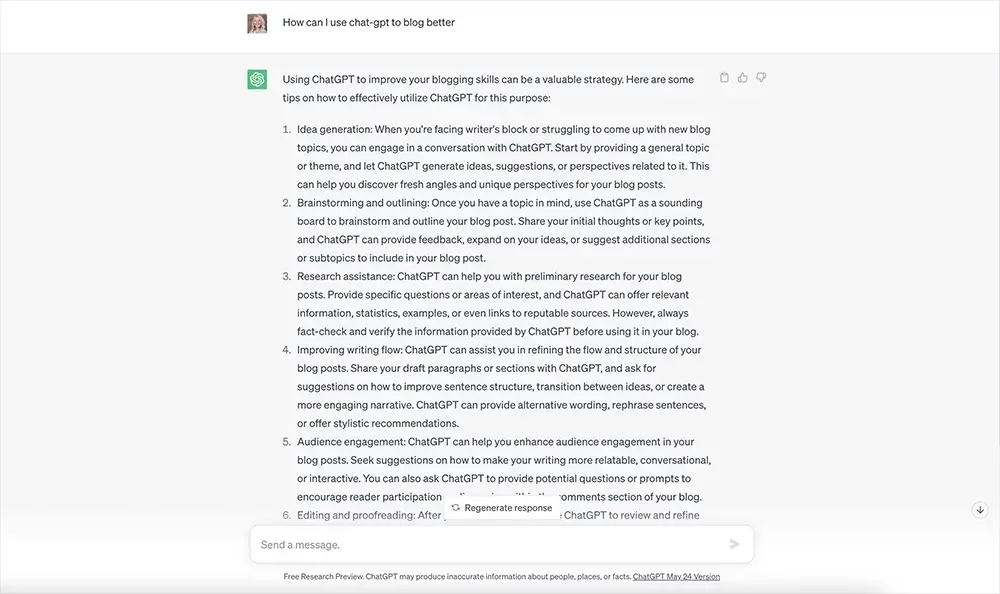 An example of ChatGPT answering a question of how to use chat-gpt to blog better