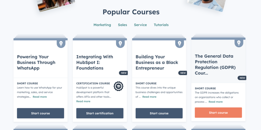 Popular courses from Hubspot - Hubspot content marketing example - courses